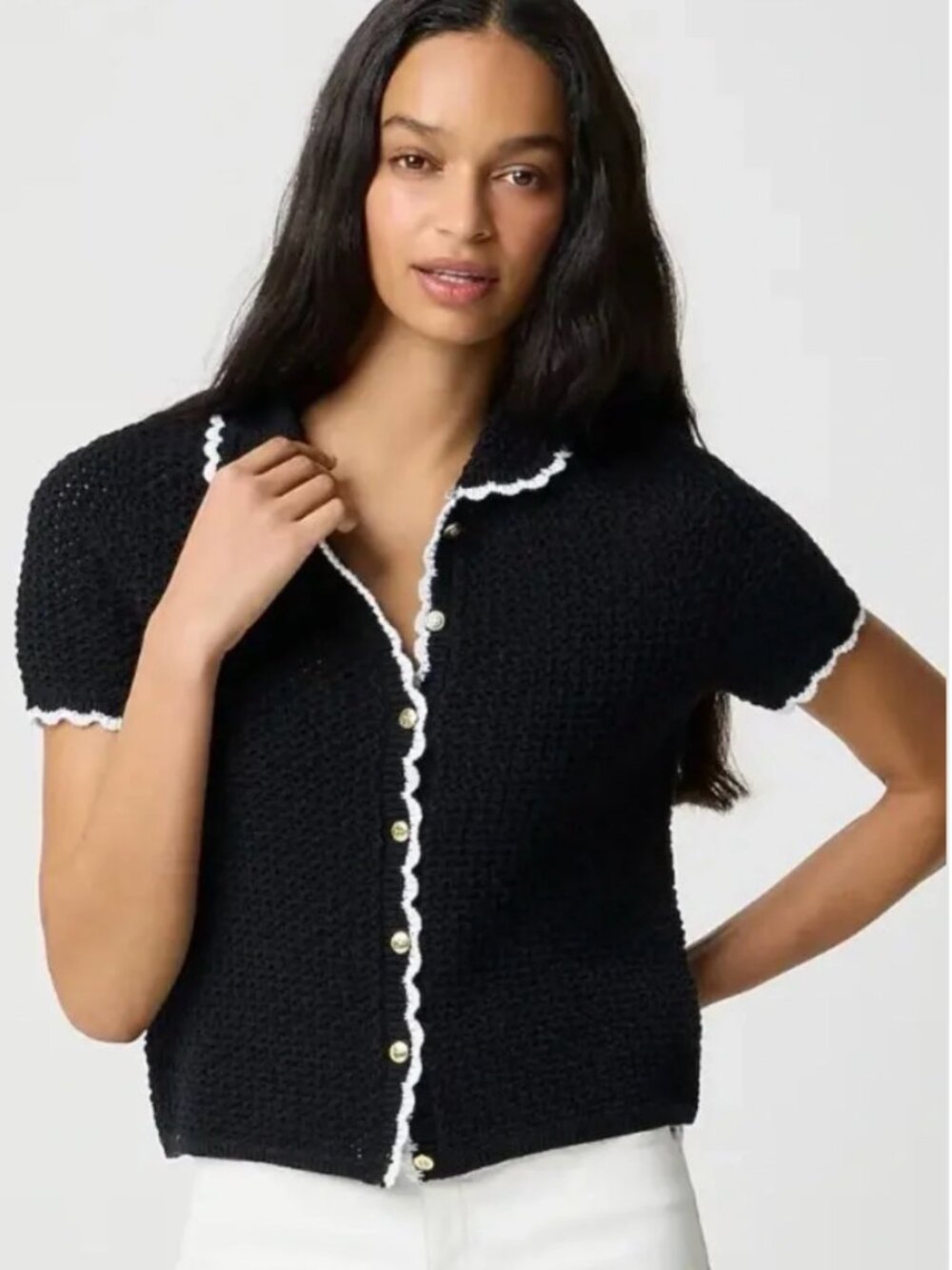 J Crew Factory Short-Sleeve Crochet Black Cardigan Sweater NWT